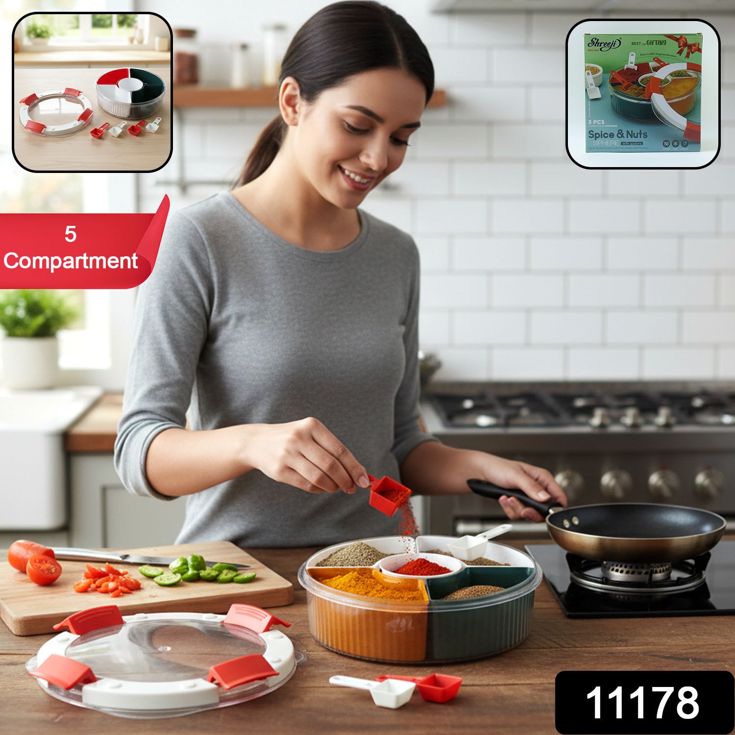 Plastic 5 Compartment Spice Storage Box With Spoons 2 Plastic 5 Compartment Spice Storage Box With Spoons - Image 2