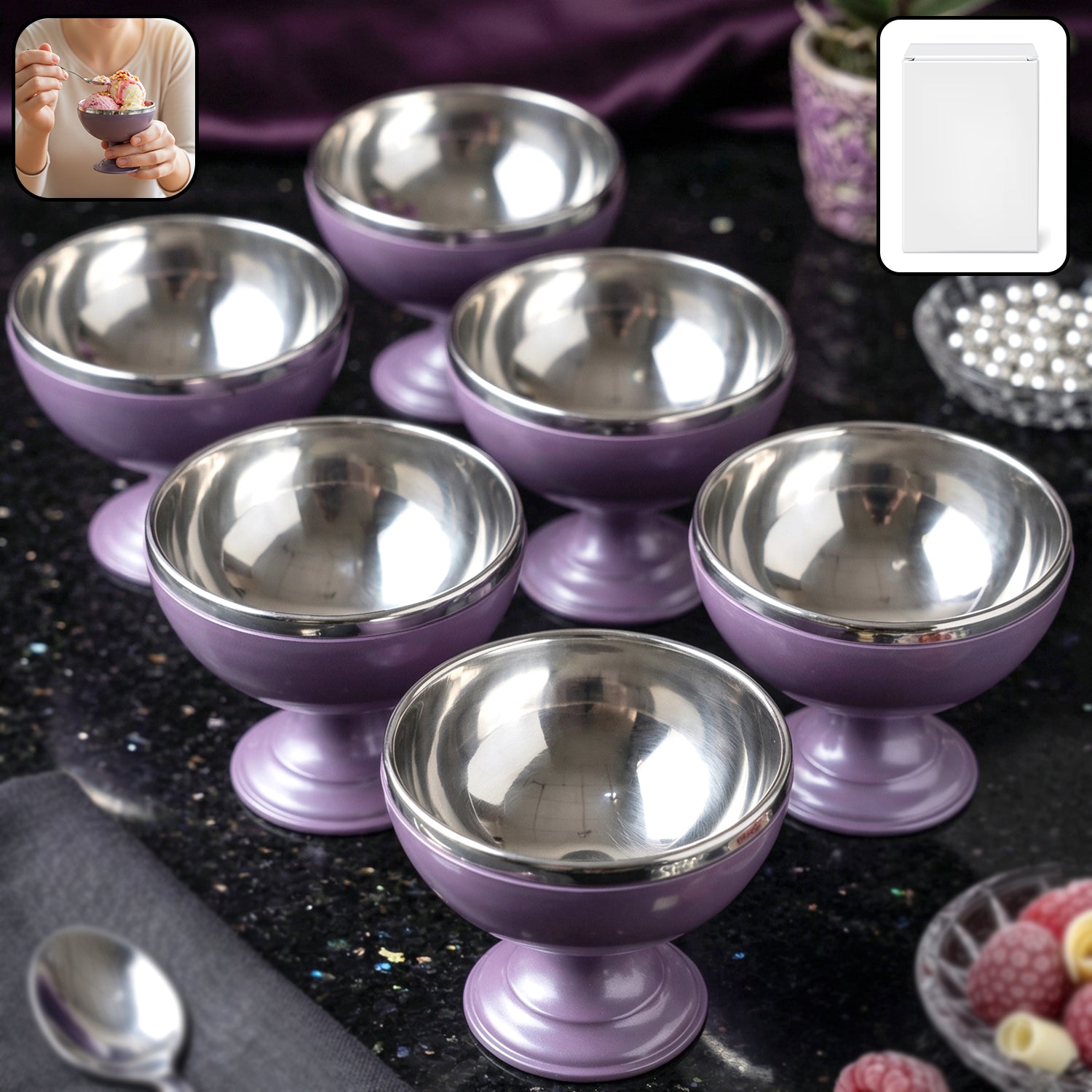 6 Pc Stainless Steel Dessert Bowl Cup Set with Stand 1 6 Pc Stainless Steel Dessert Bowl Cup Set with Stand