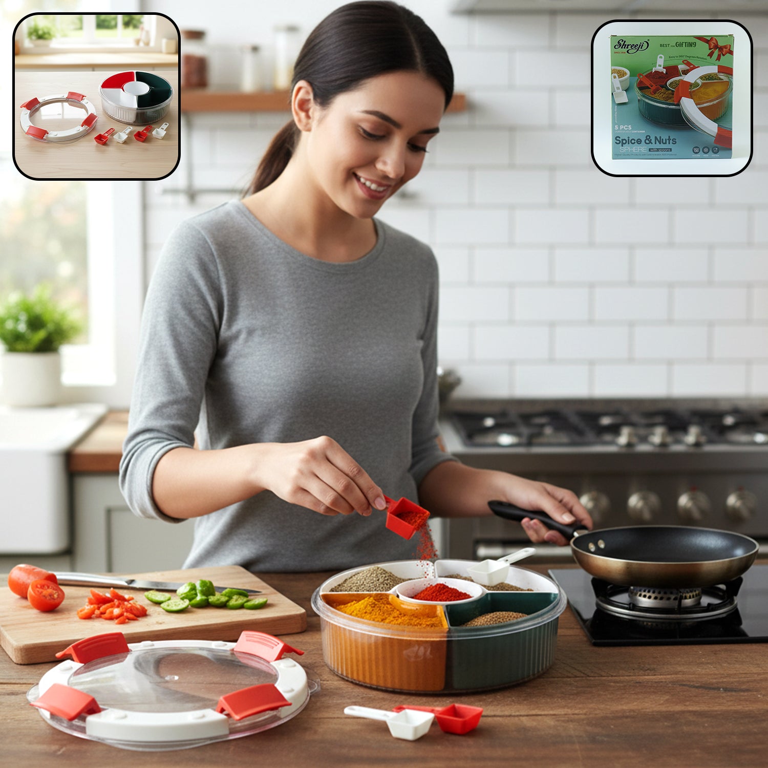 Plastic 5 Compartment Spice Storage Box With Spoons 1 Plastic 5 Compartment Spice Storage Box With Spoons