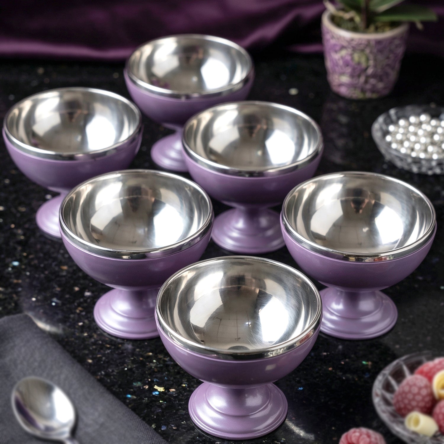 6 Pc Stainless Steel Dessert Bowl Cup Set with Stand 3 6 Pc Stainless Steel Dessert Bowl Cup Set with Stand - Image 3