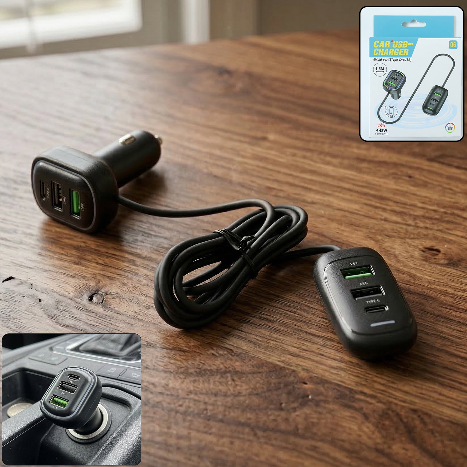 RGB Breathing Light Multi Port Car USB Charger (1 Set, 1.5M) 1 RGB Breathing Light Multi Port Car USB Charger (1 Set, 1.5M)