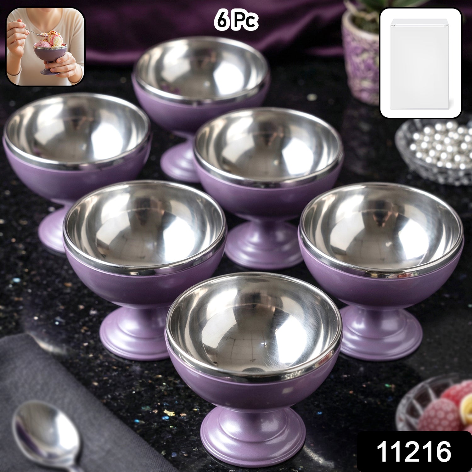 6 Pc Stainless Steel Dessert Bowl Cup Set with Stand 2 6 Pc Stainless Steel Dessert Bowl Cup Set with Stand - Image 2