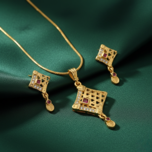 Cutwork Square Gold Pendant and Earring Set Elegant Traditional Jewelry Set