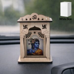 Wooden Krishna Mini Temple with Printed Image & Adhesive Base – Tabletop Mandir