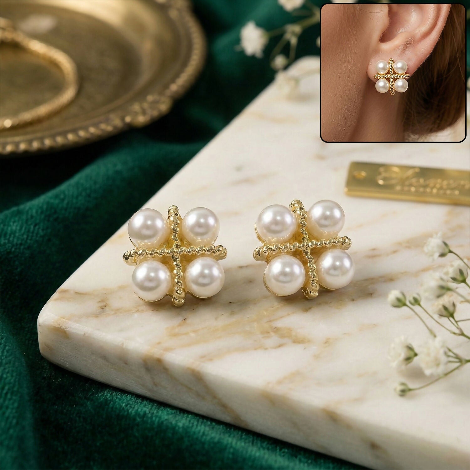 Korean Vintage Twisted Gold & Quad Pearl Studs For Girls And Women 1 Korean Vintage Twisted Gold & Quad Pearl Studs For Girls And Women