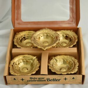 Leaf Design Decorative Ceramic Diya with Gold PVD Plating & Textured Metallic Finish (4 Pc)