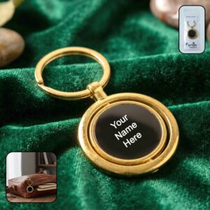Customized Gold Plated Keychain with Black Round Pendant Rotating (1 Pc)