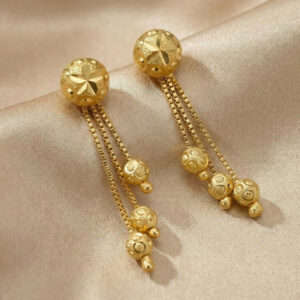 Heart Motif Designer Gold Earrings With Stone Line Work And Elegant Hanging Drop