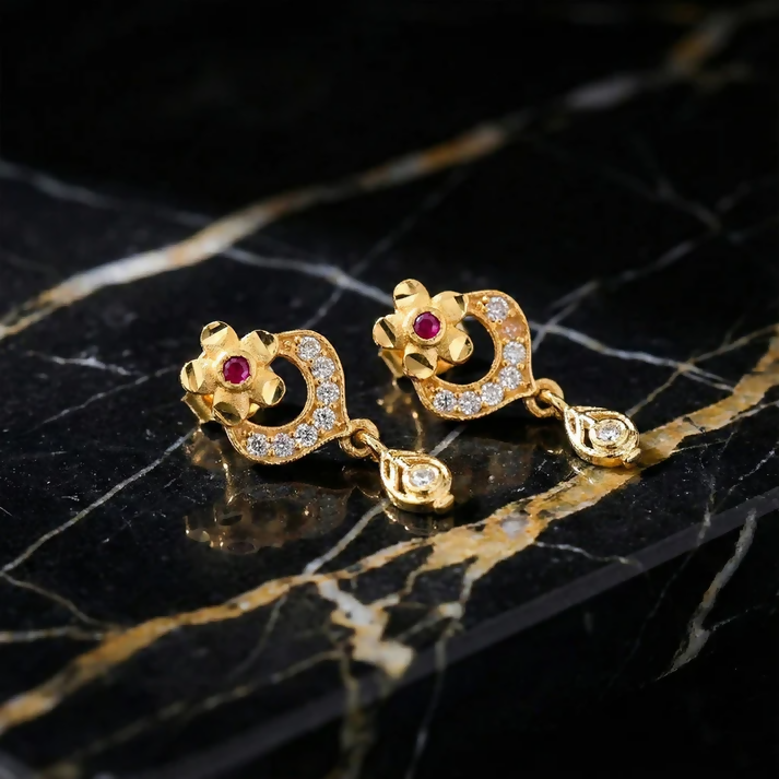 Elegant Gold Plated Stud Earrings with Ruby Accent & Drop Design 2 Elegant Gold Plated Stud Earrings with Ruby Accent & Drop Design - Image 2