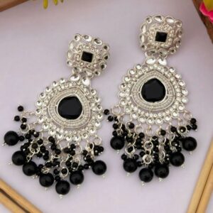 Elegant Oxidized Silver & Black Stone Chandbali Earrings