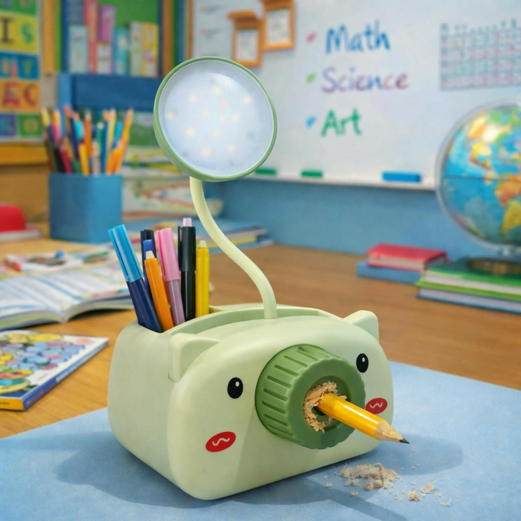 Green Kids Desk Lamp with Pencil Sharpener and Pen Holder Study Table Light 1 Green Kids Desk Lamp with Pencil Sharpener and Pen Holder Study Table Light