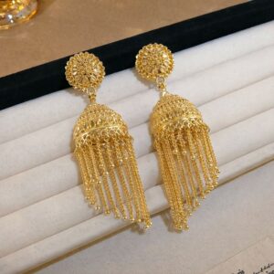 Traditional Gold Tone Jhumka Earrings with Red Bead Tassel Design For Woman And Girl