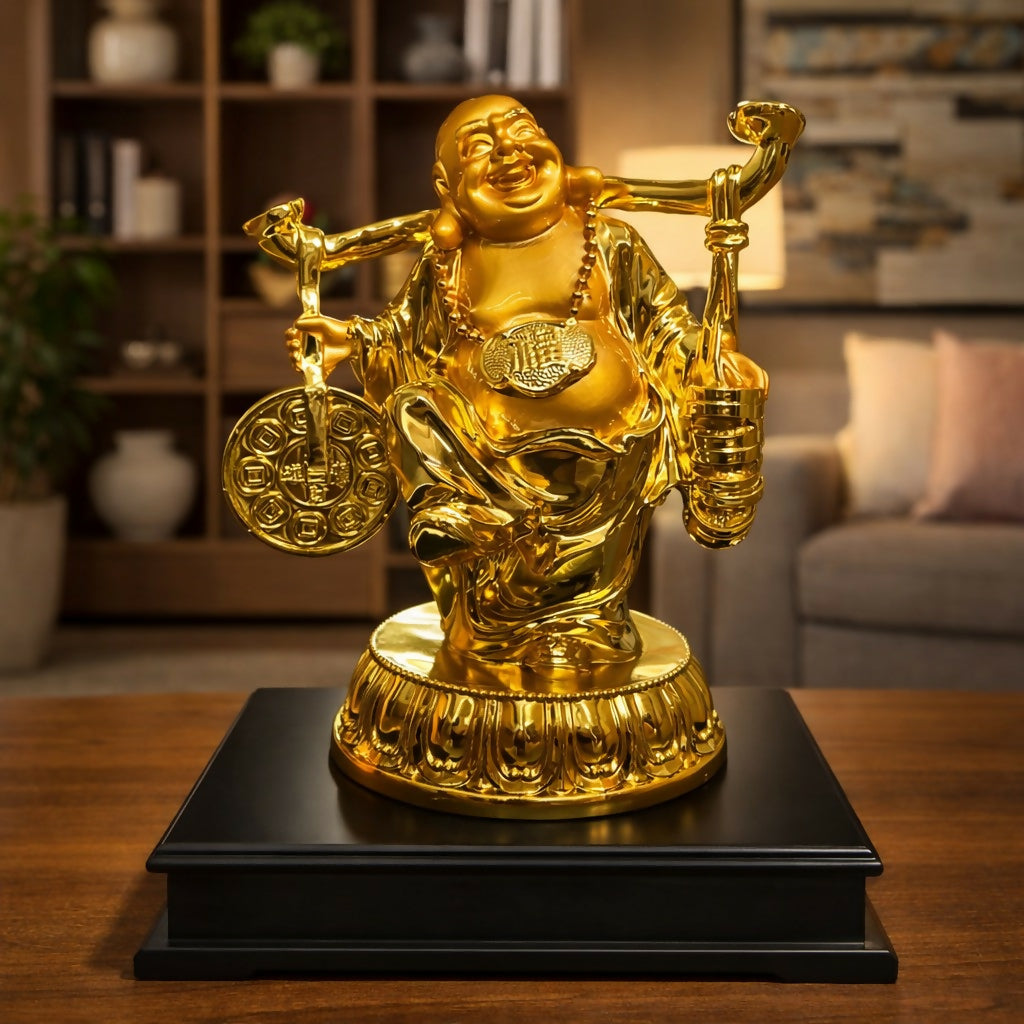 Laughing Buddha Wealth Statue with Coins Decorative Showpiece 1 Laughing Buddha Wealth Statue with Coins Decorative Showpiece