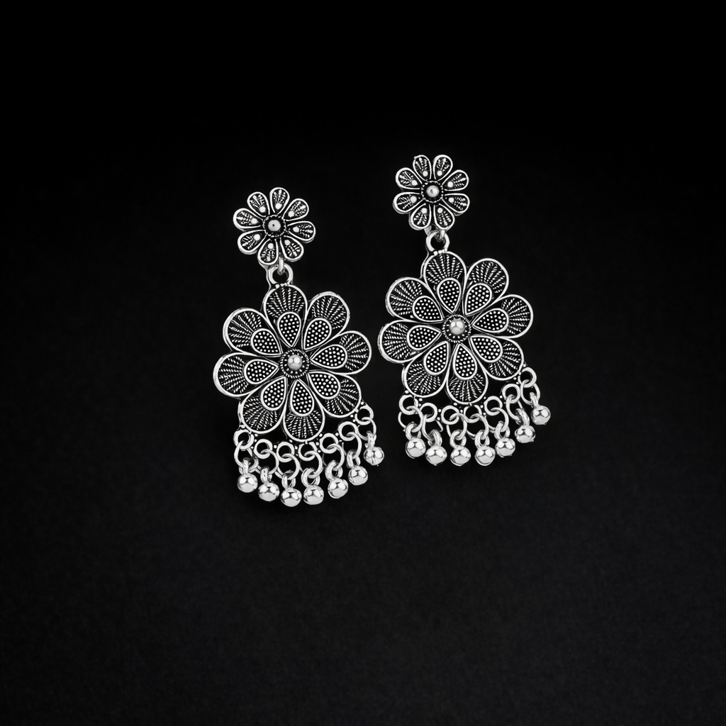 Elegant Oxidised Silver Jhumka Earings With Layered Floral Design 3 Elegant Oxidised Silver Jhumka Earings With Layered Floral Design - Image 3