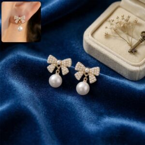 Korean Crystal Ribbon Bow & Drop Pearl Studs For Girls And Women