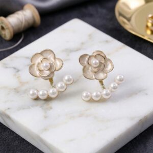 Korean White Camellia Rose & Pearl Ear Jackets