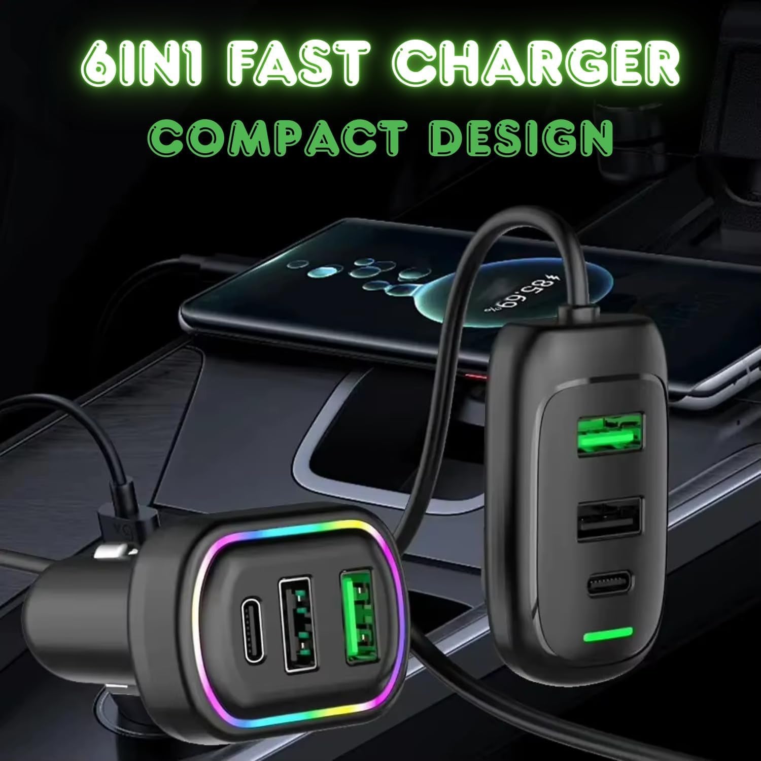 RGB Breathing Light Multi Port Car USB Charger (1 Set, 1.5M) 3 RGB Breathing Light Multi Port Car USB Charger (1 Set, 1.5M) - Image 3