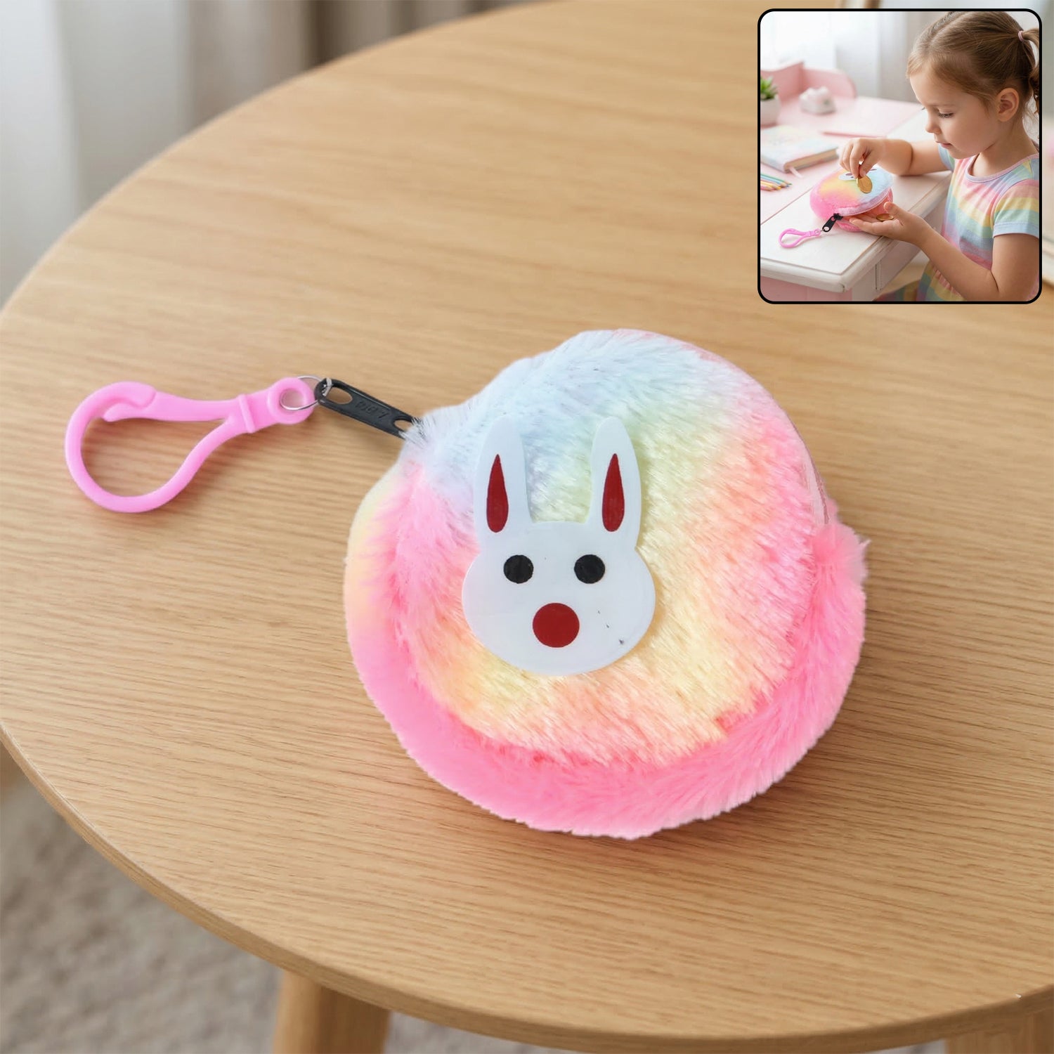 Cute Bunny Design Rainbow Fur Mini Coin Purse Keychain (1 Pc) 1 Cute Bunny Design Rainbow Fur Mini Coin Purse Keychain (1 Pc)