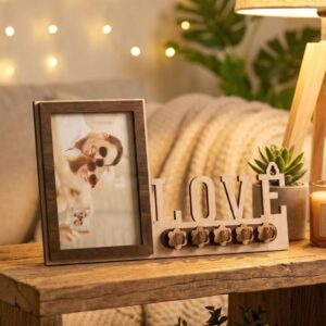 Wooden Photo Frame Key Holder with LOVE Cutout & 5 Hooks – 8 x 12 Inch