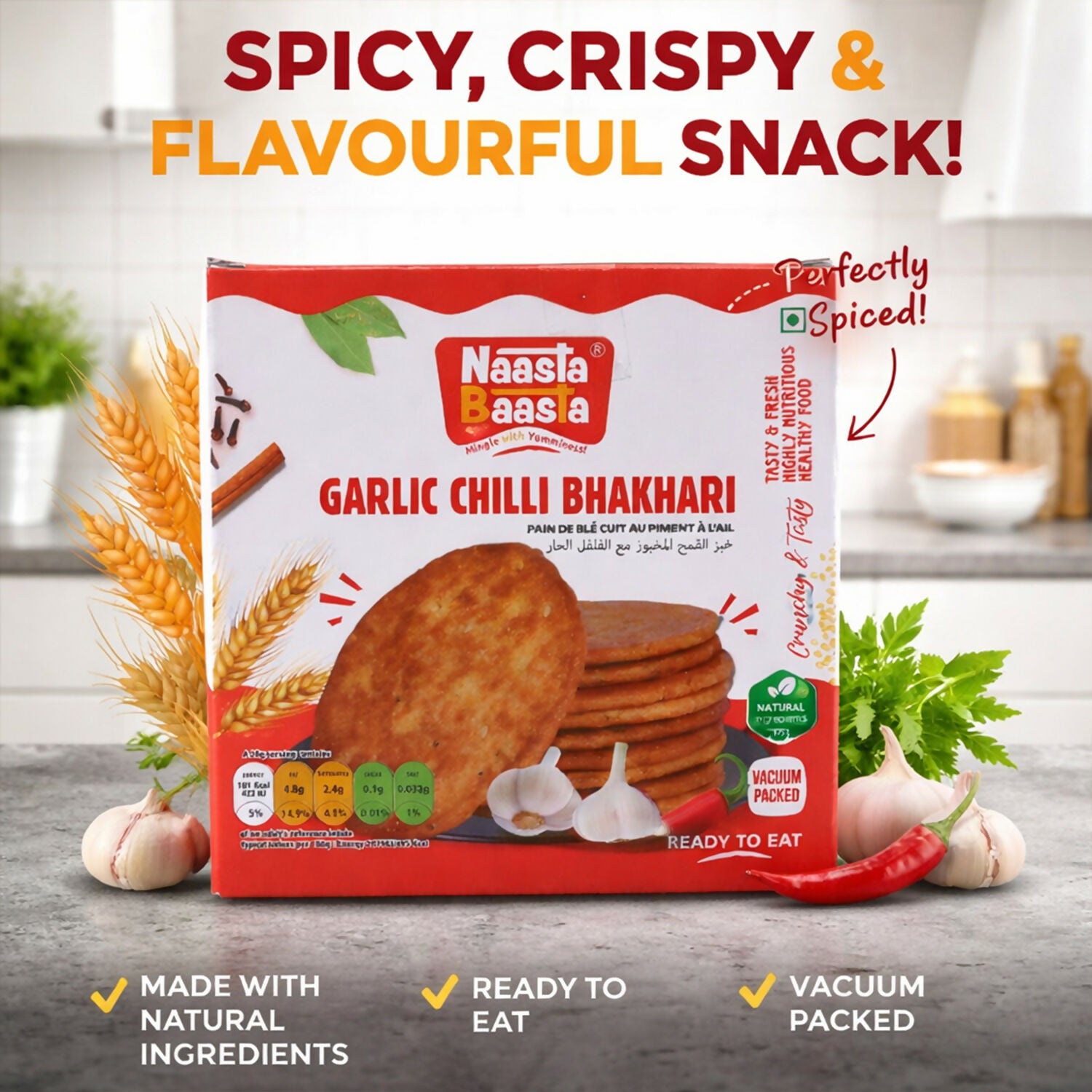 Naasta Baasta Garlic Chilli Bhakhari Ready-to-Eat Crispy Wheat Snack (200 Gm) 2 Naasta Baasta Garlic Chilli Bhakhari Ready-to-Eat Crispy Wheat Snack (200 Gm) - Image 2