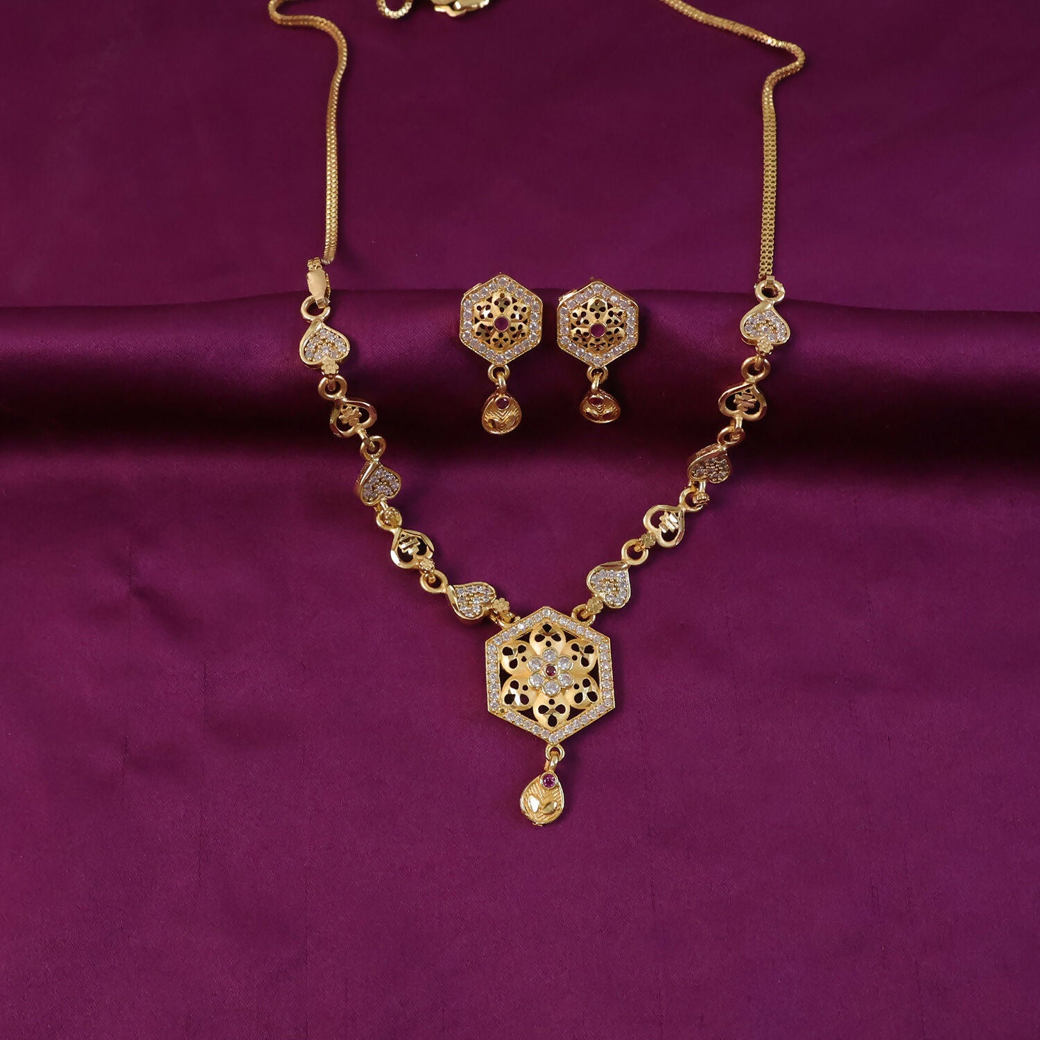 Designer Gold-Tone Hexagon Pendant Necklace Set with Heart Link Chain & Matching Earrings 3 Designer Gold-Tone Hexagon Pendant Necklace Set with Heart Link Chain & Matching Earrings - Image 3