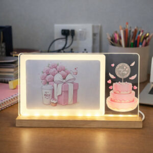 LED Birthday Gift Photo Frame Lamp with Wooden Base Decor