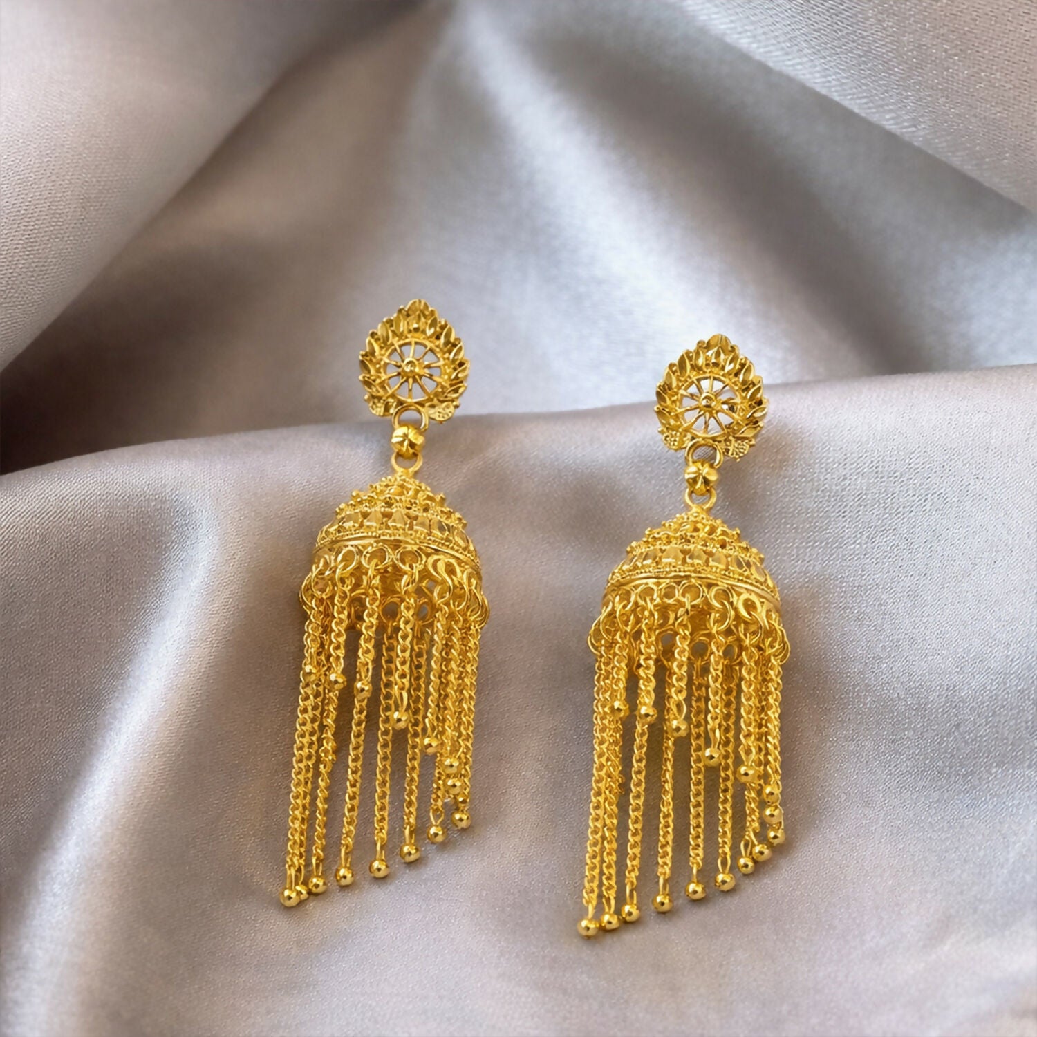 Traditional Gold Tone Chain Tassel Jhumka Earrings Long Ethnic Dangle Earrings for Women 2 Traditional Gold Tone Chain Tassel Jhumka Earrings Long Ethnic Dangle Earrings for Women - Image 2