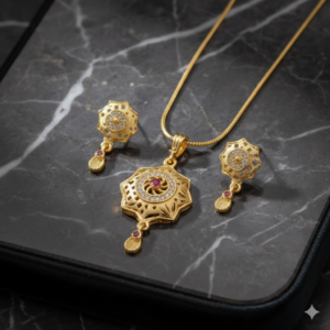 Floral Disc Gold Pendant and Earring Set Elegant Traditional Jewelry for Women