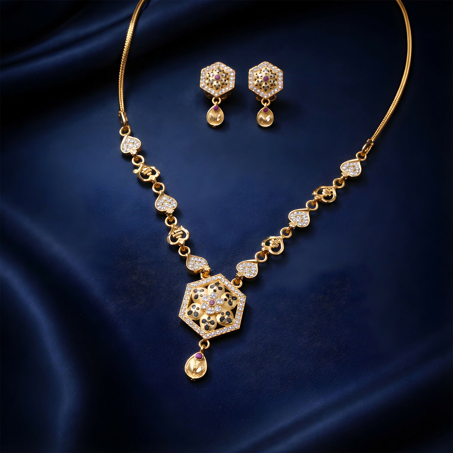 Designer Gold-Tone Hexagon Pendant Necklace Set with Heart Link Chain & Matching Earrings 2 Designer Gold-Tone Hexagon Pendant Necklace Set with Heart Link Chain & Matching Earrings - Image 2