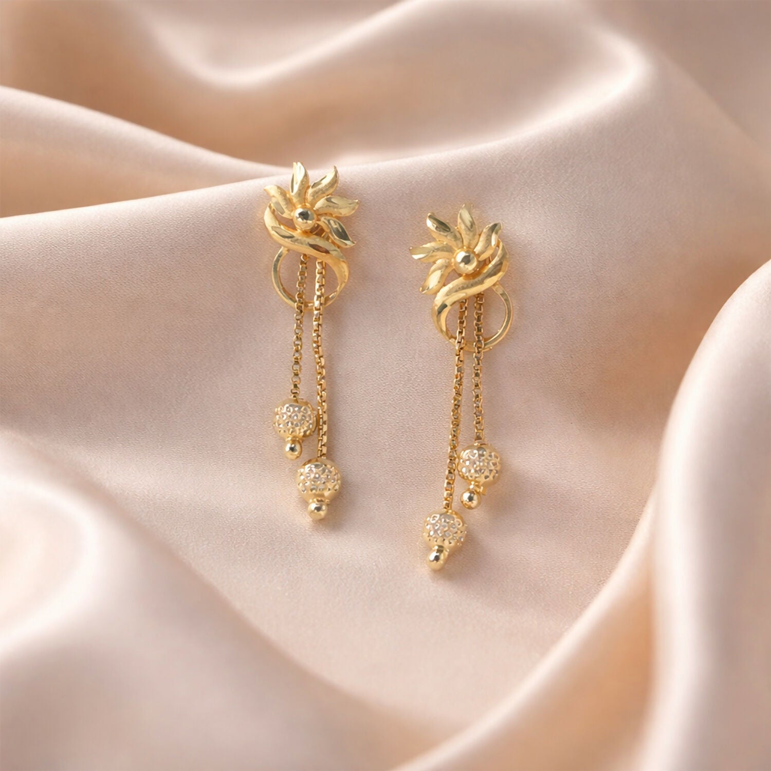 Graceful Flower Crown Gold Dangle Earrings with Bead Drops and Chains (2 Pair) 2 Graceful Flower Crown Gold Dangle Earrings with Bead Drops and Chains (2 Pair) - Image 2