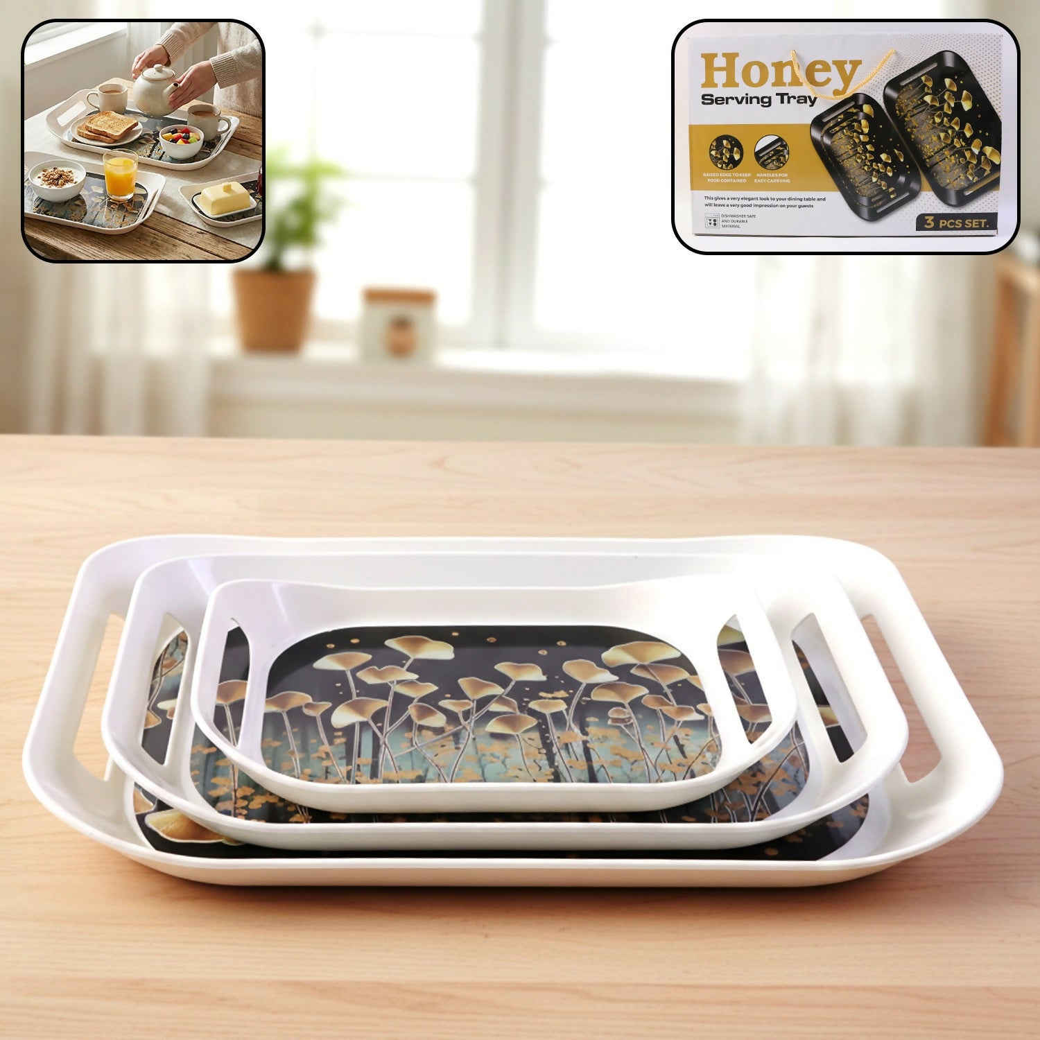 3-Piece Printed Serving Tray Set with Handles 1 3-Piece Printed Serving Tray Set with Handles