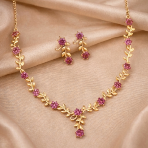Everlasting Bloom V-Necklace with Ruby Floral Design and Elegant Gold Detailing,The Crimson Vine Collection (Geri Lal Bel), Ruby Petals Harmony Set, Nature’s Bloom Red Necklace, Garnet Glint Set, Floral Splendor ruby set