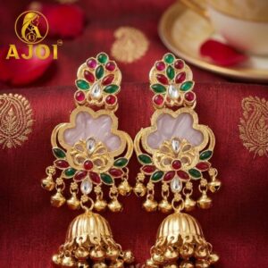 White Kundan Floral Jhumka Earrings with Stone Work Traditional Ethnic Design