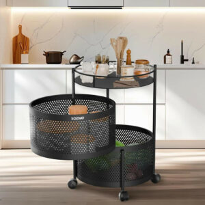 Compact Round 2-Layer Kitchen Trolley with Ventilated Mesh Baskets & Four Swivel Wheels