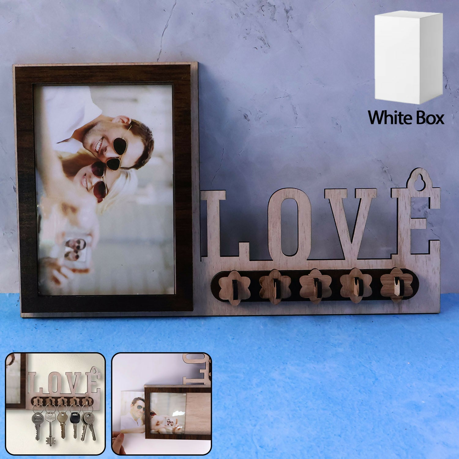 Wooden Photo Frame Key Holder with LOVE Cutout & 5 Hooks – 8 x 12 Inch 2 Wooden Photo Frame Key Holder with LOVE Cutout & 5 Hooks – 8 x 12 Inch - Image 2