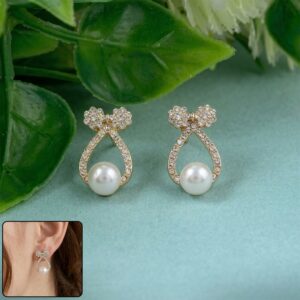 Premium Korean Crystal Bow & Pearl Drop Stud Earrings