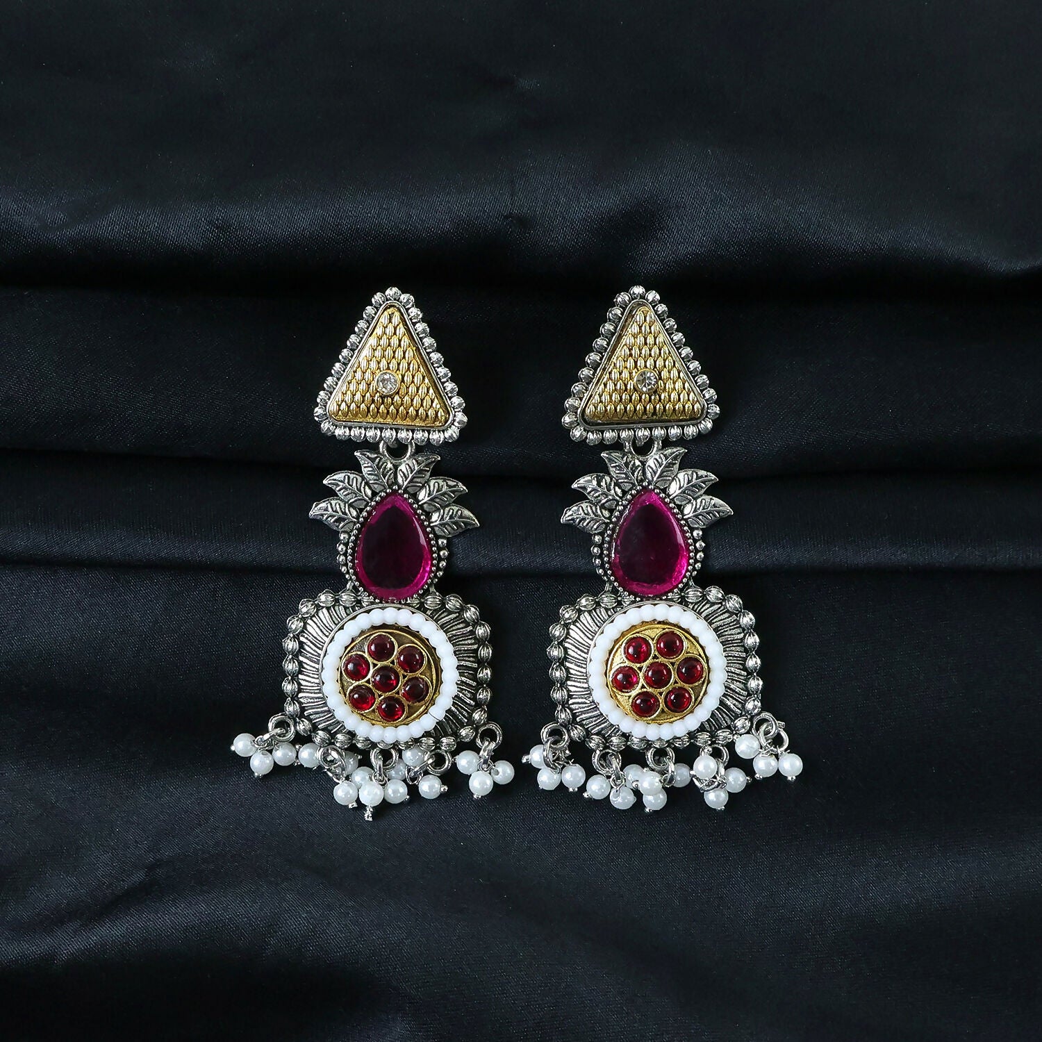 Traditional Oxidized Silver Earrings with Gold Tone Studs & Pearl Drop Fringe 3 Traditional Oxidized Silver Earrings with Gold Tone Studs & Pearl Drop Fringe - Image 3