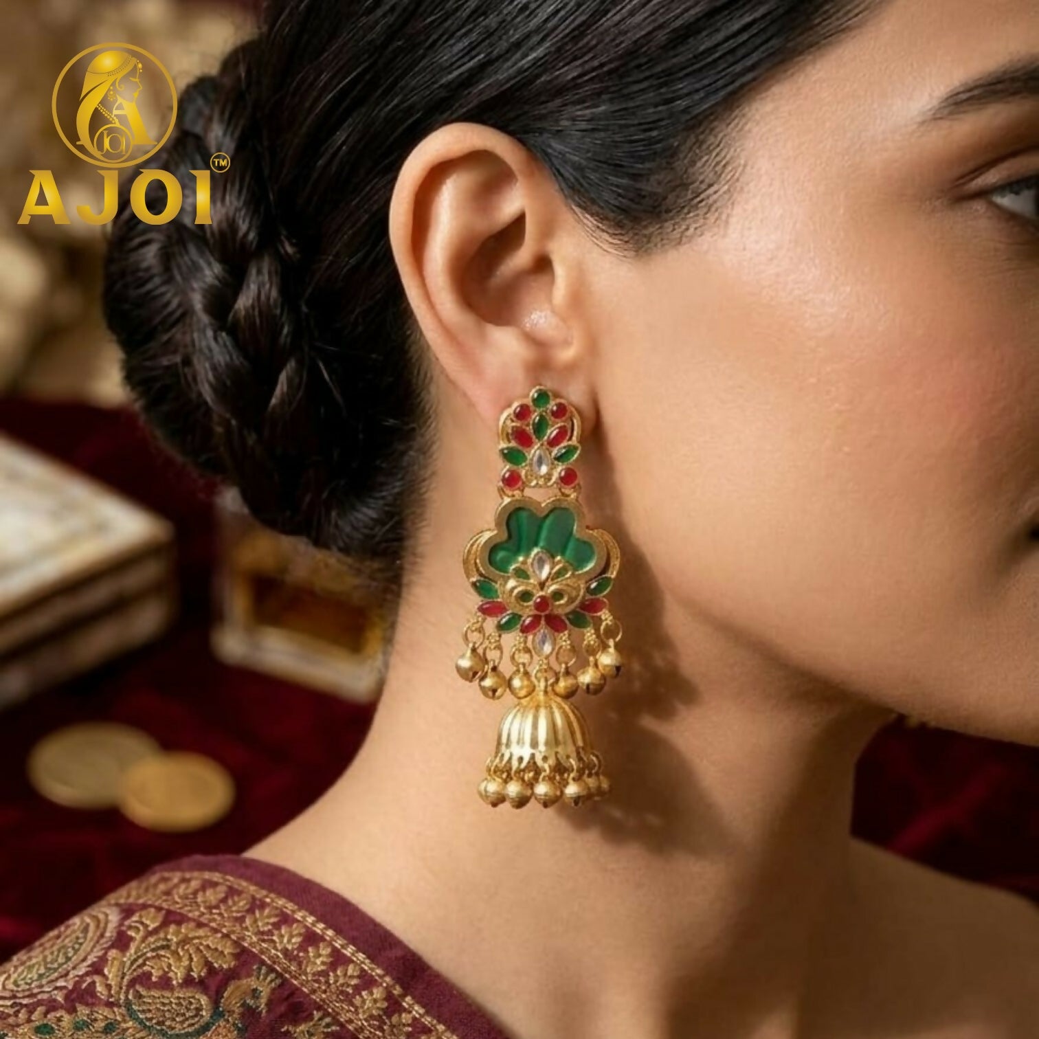 Royal Green Kundan Jhumka Earrings with Gold Finish & Ghungroo Drops 2 Royal Green Kundan Jhumka Earrings with Gold Finish & Ghungroo Drops - Image 2