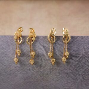 Chic Gold Chain Drop Earrings with Triple Hanging Beads and Sculpted Top Deign (2 Pair)