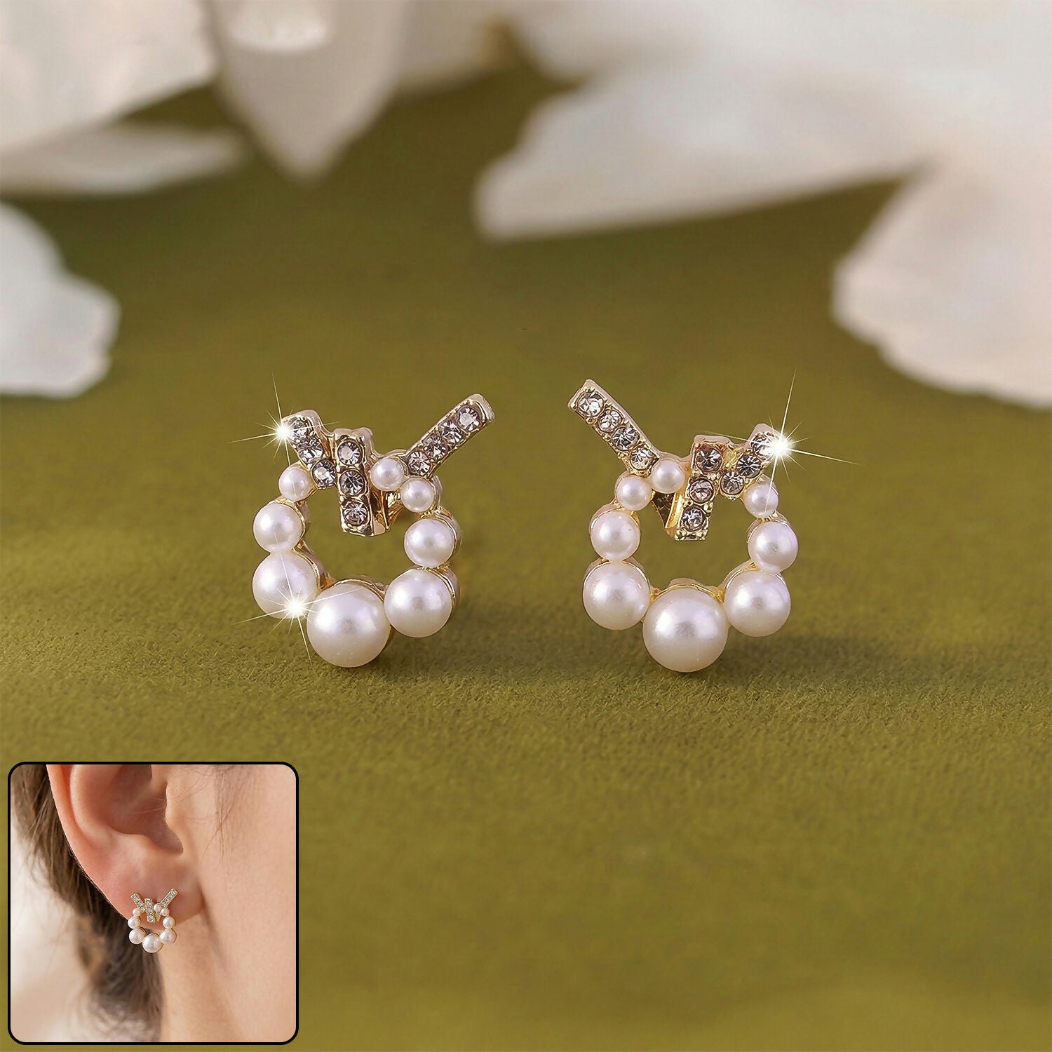 Korean Geometric Crystal Cross & Pearl Wreath Studs For Girls And Women 2 Korean Geometric Crystal Cross & Pearl Wreath Studs For Girls And Women - Image 2
