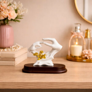 White and Gold Abstract Hand Sculpture Showpiece with Floral Design for Home Decor