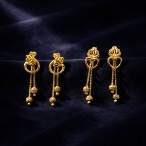 Royal Bloom Heart Drop Earrings with Triple Chain Gold Beads – Floral Statement Jewelry (2 Pair)