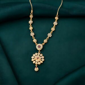 Elegant Gold-Tone Floral Cluster Pendant Necklace Set with Designer Chain Detailing