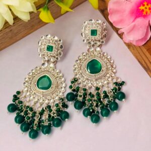 Emerald Green Kundan & Pearl Chandbali Earrings – Silver-Toned Festive Jhumkas