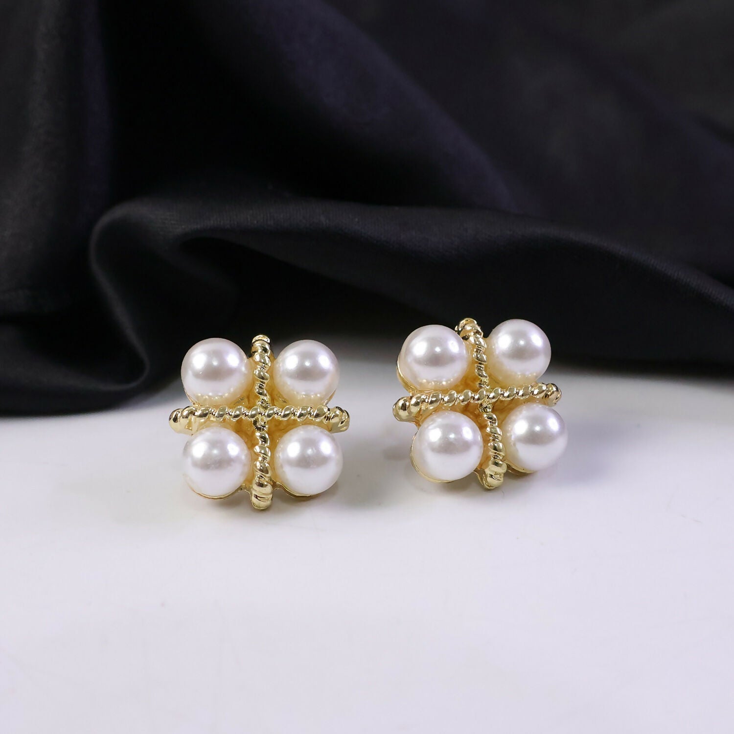 Korean Vintage Twisted Gold & Quad Pearl Studs For Girls And Women 2 Korean Vintage Twisted Gold & Quad Pearl Studs For Girls And Women - Image 2