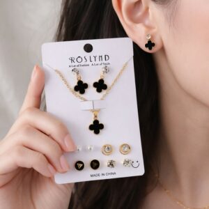 Women’s Gold Plated Black Clover Pendant Necklace & Stud Earring Combo Set ( Pack Of 6)