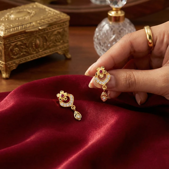 Elegant Gold Plated Stud Earrings with Ruby Accent & Drop Design 1 Elegant Gold Plated Stud Earrings with Ruby Accent & Drop Design