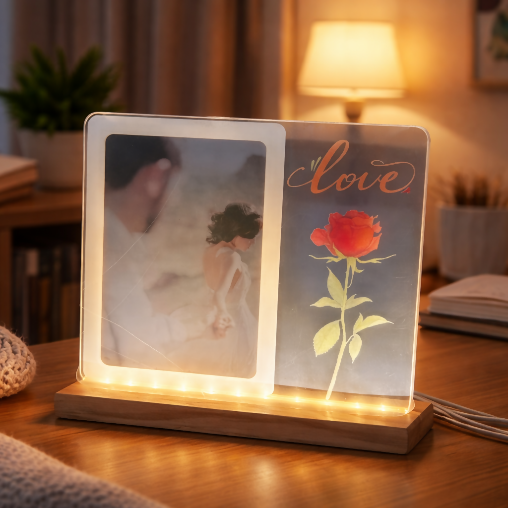 LED Acrylic Photo Frame with Rose Design & Wooden Base Decor 2 LED Acrylic Photo Frame with Rose Design & Wooden Base Decor - Image 2