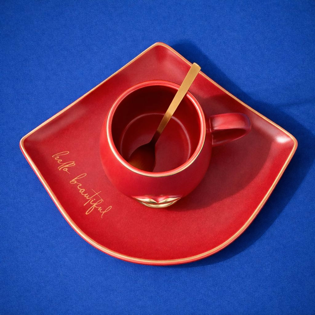 Red Ceramic Coffee Mug with Tray & Spoon Lip Design Cup Set 3 Red Ceramic Coffee Mug with Tray & Spoon Lip Design Cup Set - Image 3