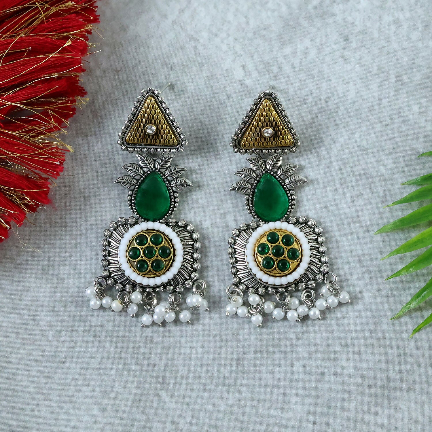 Elegant Oxidized Silver Earrings with Green Stone & Pearl Drop Fringe 2 Elegant Oxidized Silver Earrings with Green Stone & Pearl Drop Fringe - Image 2